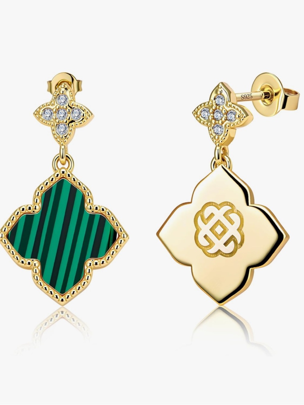 Anthropologie Gold-Tone Drop Earrings with Green Striped Clover Motifs - Picture 6 of 6